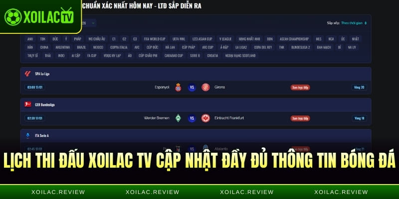 Lịch thi đấu Xoilac TV cập nhật đầy đủ thông tin bóng đá