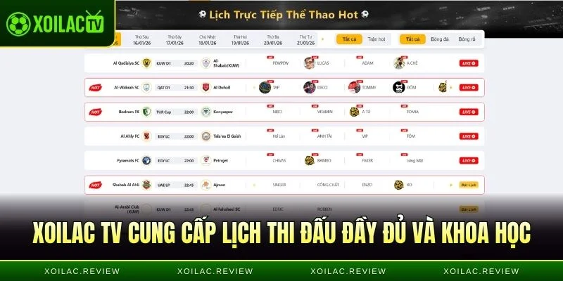 XoiLac TV cung cấp lịch thi đấu đầy đủ và khoa học